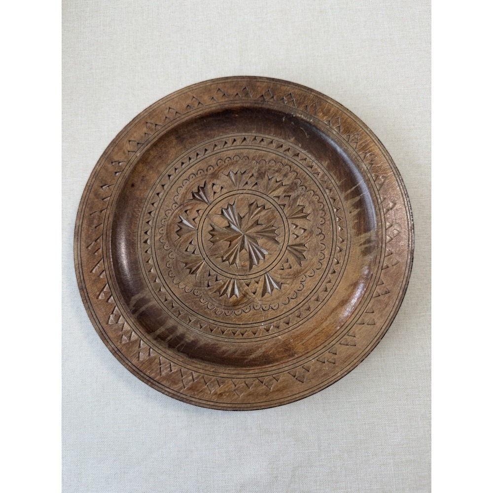 Vintage Hand Carved Wood Plate Made in Yugoslavia Folk Art‎ Wall Decor Boho